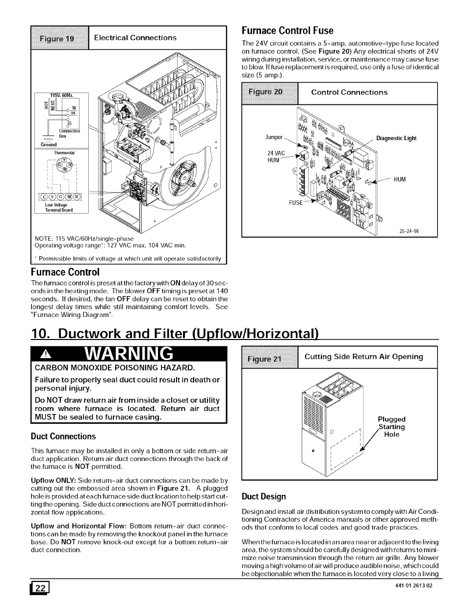 Furnace control fuse, Furnace control, Ductwork and filter (upflow/horizontao | Warning, Ductwork and filter (upflow/horizontal) | Sears N8MPL050B12B1 User Manual | Page 22 / 56