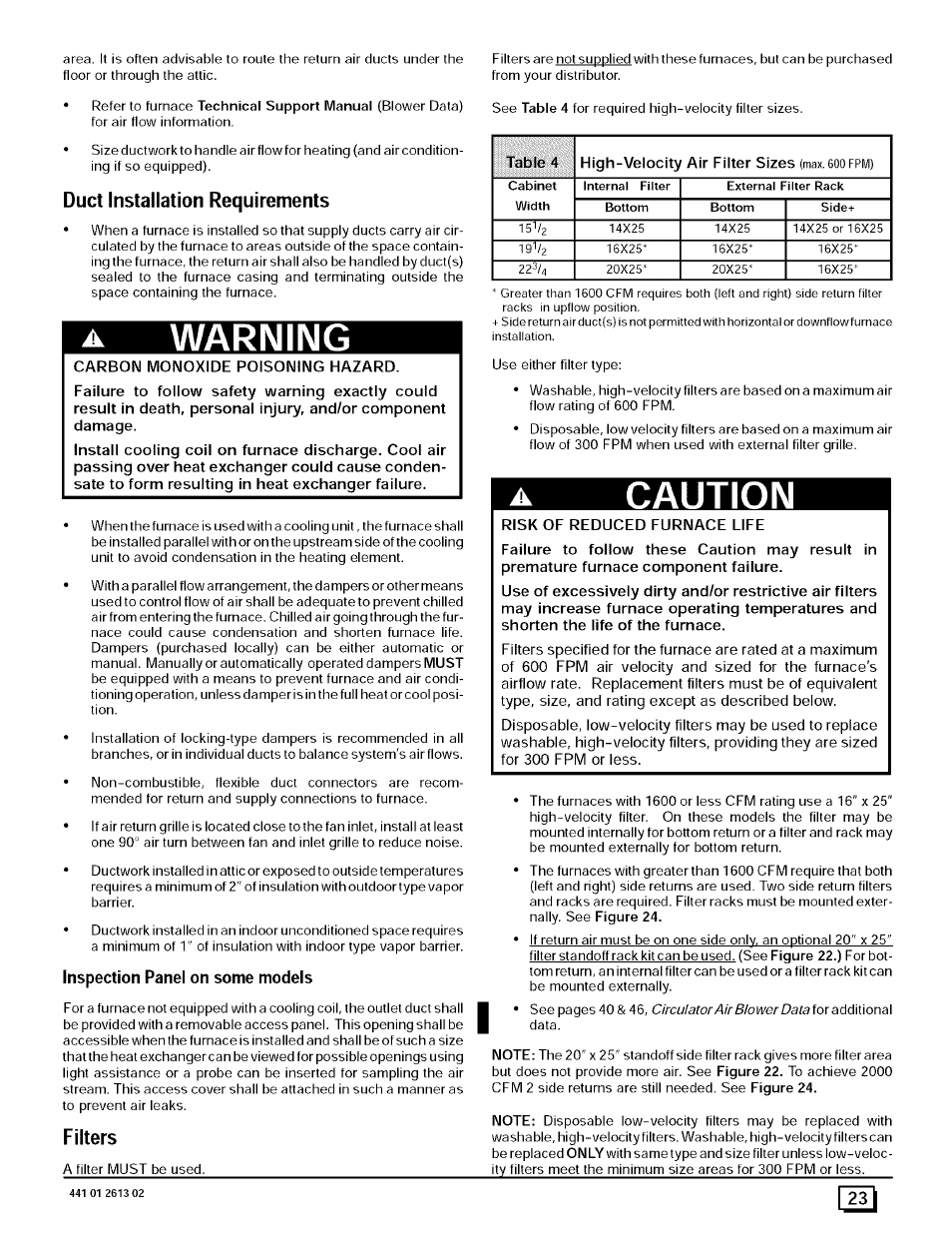 Duct installation requirements, Warning, Filters | Caution | Sears N8MPL050B12B1 User Manual | Page 23 / 56