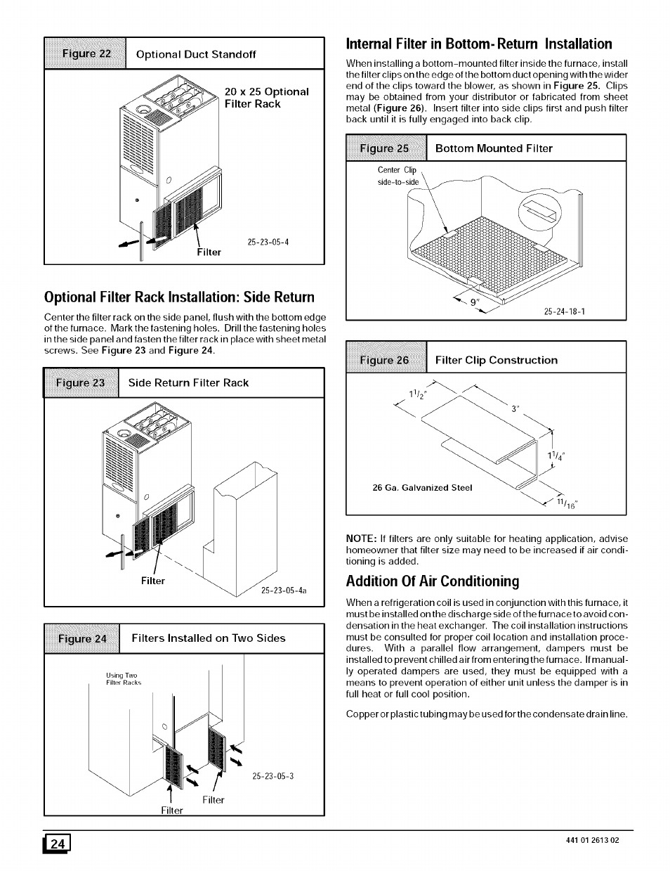 Optional filter rack installation: side return, Internal filter in bottom- return installation, Addition of air conditioning | Ì24l | Sears N8MPL050B12B1 User Manual | Page 24 / 56