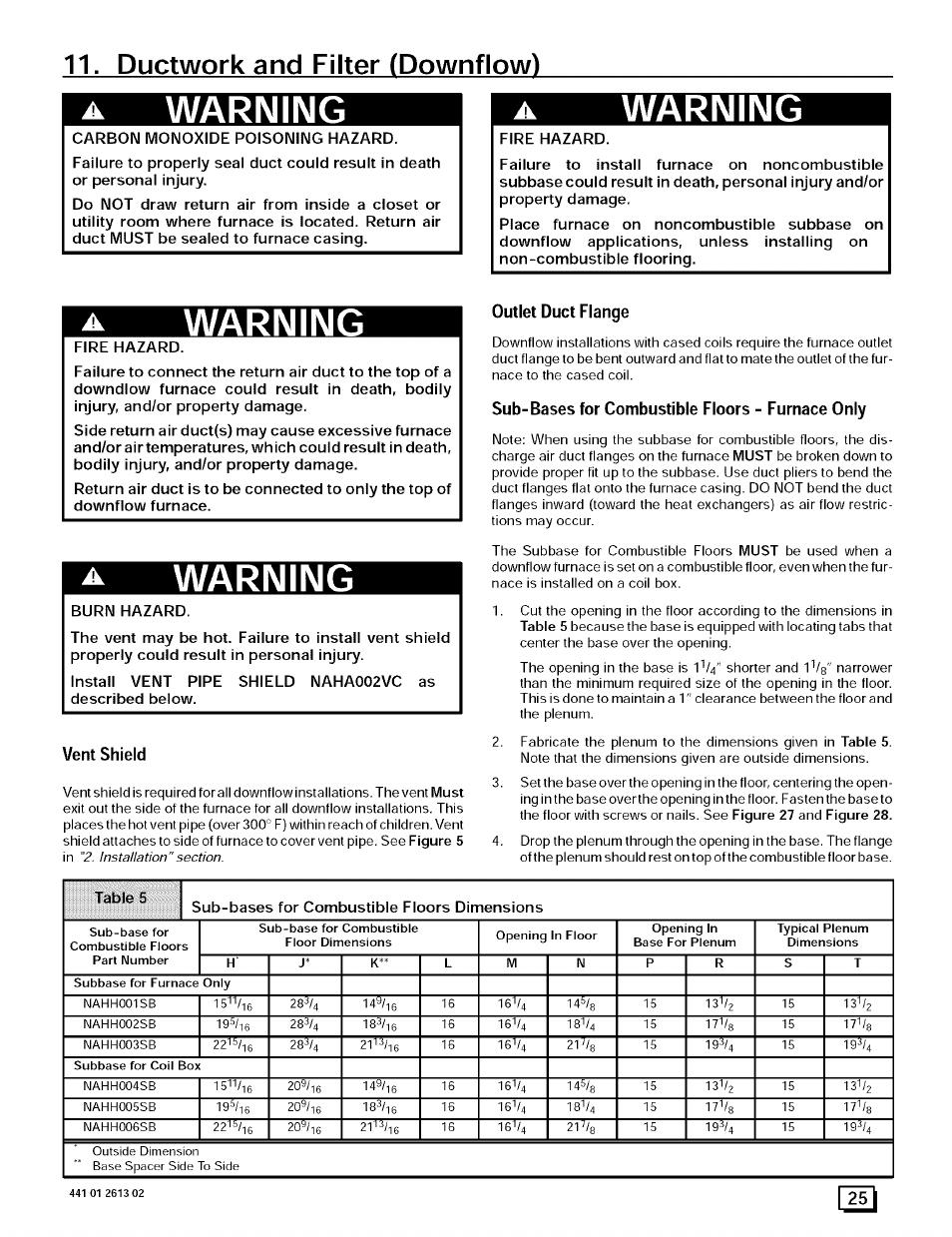 Ductwork and filter (downflow), Warning | Sears N8MPL050B12B1 User Manual | Page 25 / 56