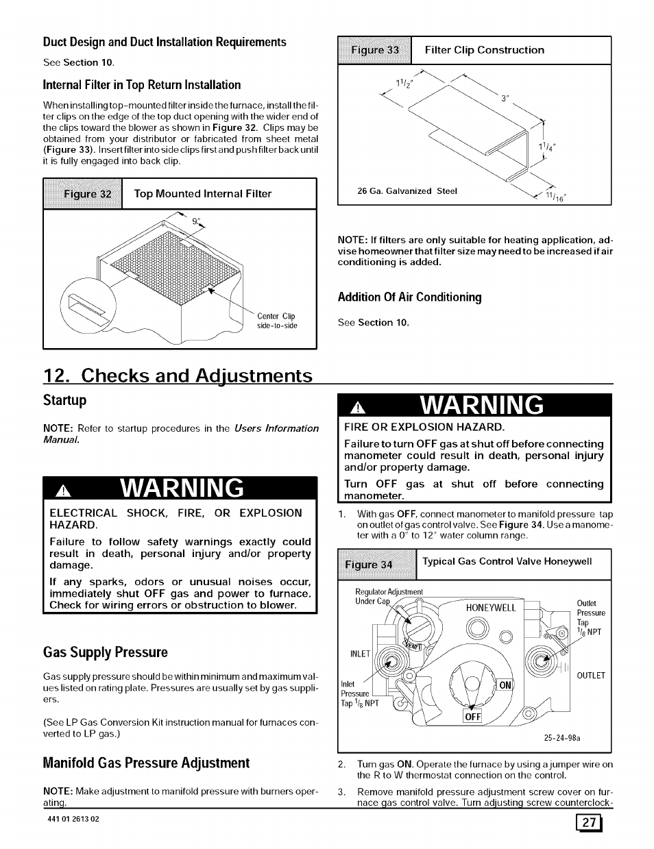Checks and adjustments, Gas supply pressure, Manifold gas pressure adjustment | Warning | Sears N8MPL050B12B1 User Manual | Page 27 / 56