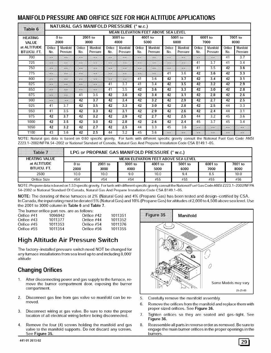 High altitude air pressure switch, Changing orifices, Tablp 6 natural gas manifold pressure (" w.c.) | Sears N8MPL050B12B1 User Manual | Page 29 / 56