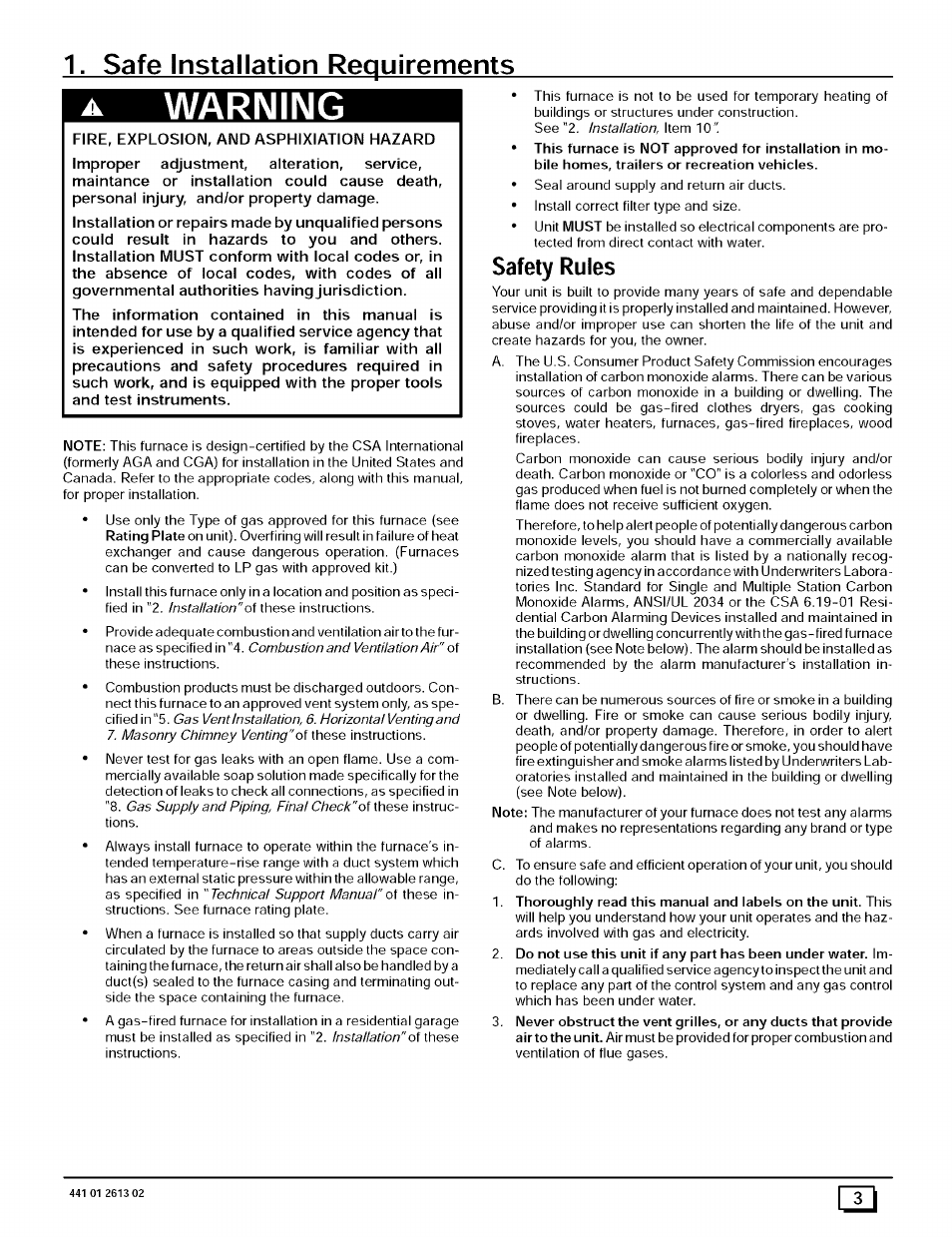 Safe installation requirements, Warning, Safety rules | Sears N8MPL050B12B1 User Manual | Page 3 / 56