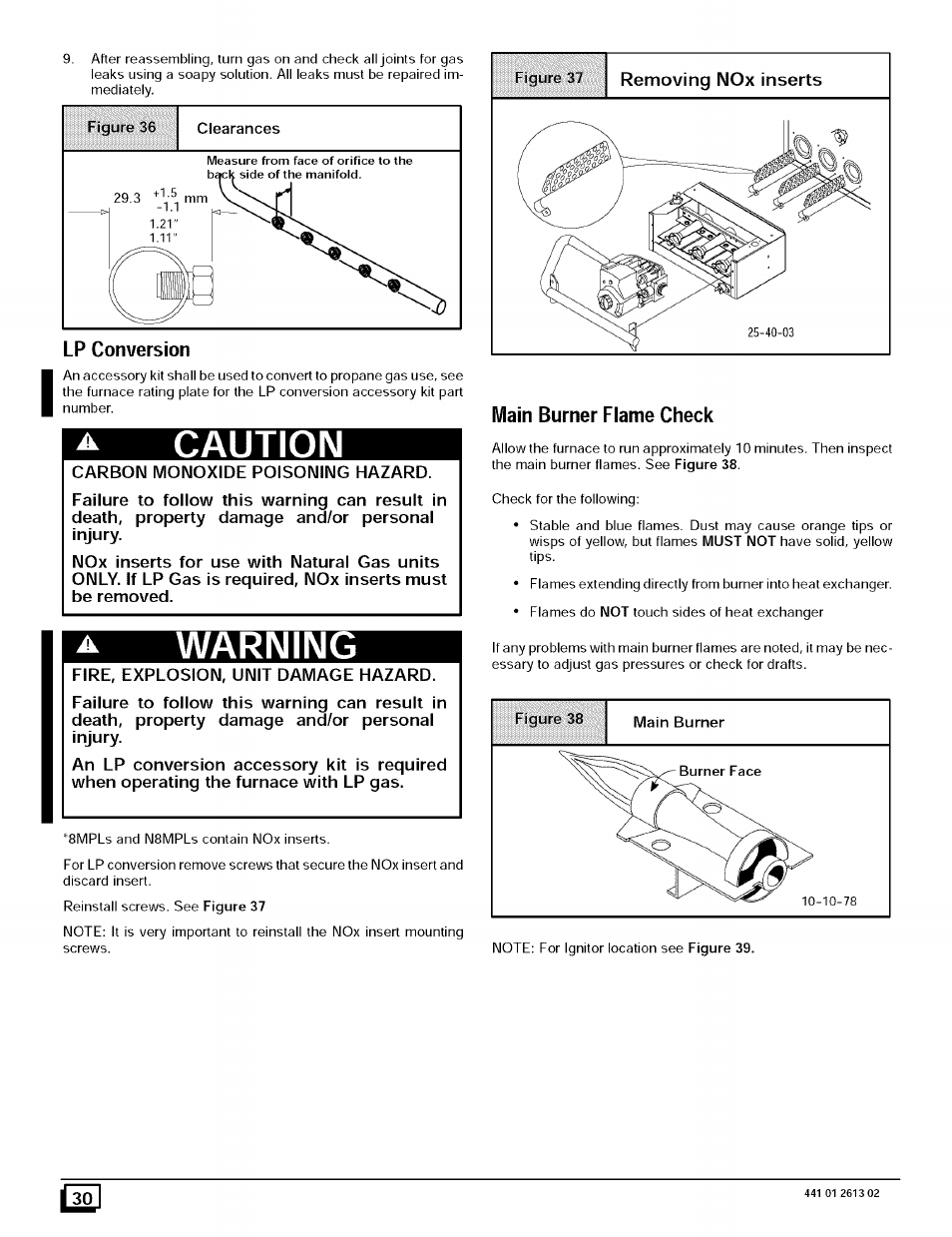 Lp conversion, Caution, Warning | Main burner flame check, О3ф1 | Sears N8MPL050B12B1 User Manual | Page 30 / 56