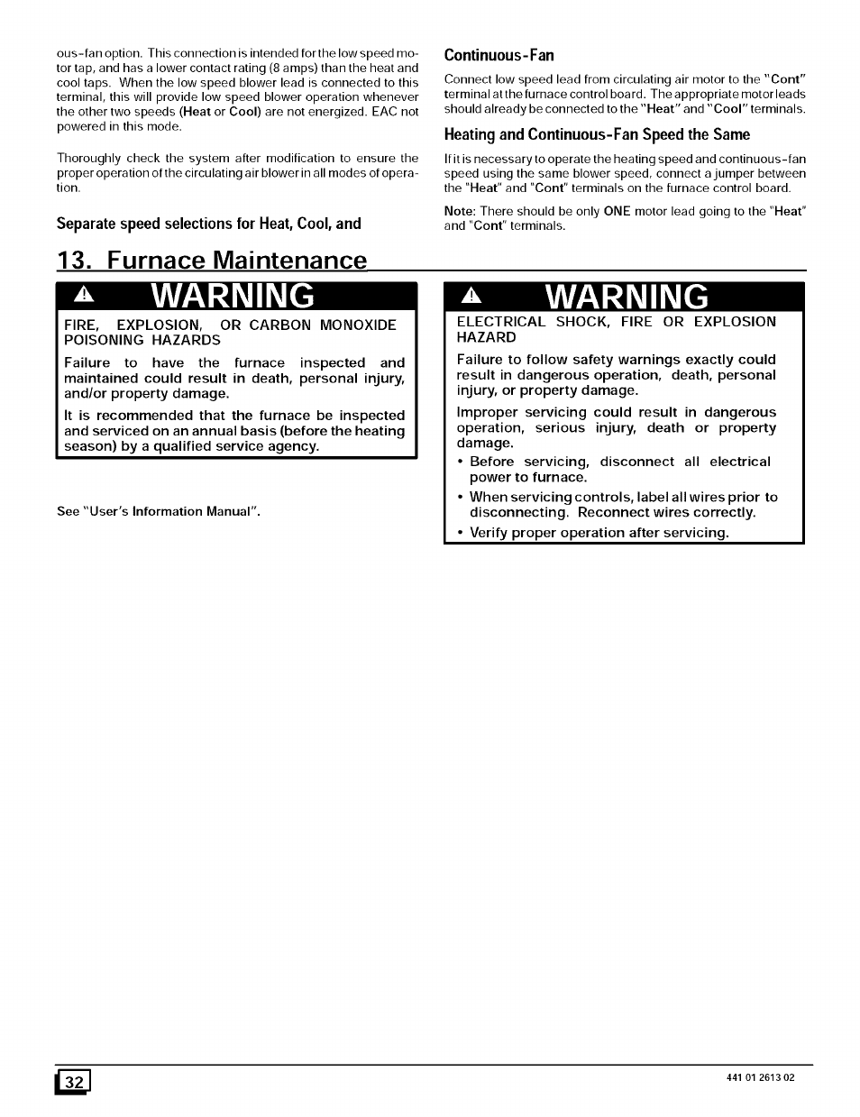Furnace maintenance, Warning | Sears N8MPL050B12B1 User Manual | Page 32 / 56