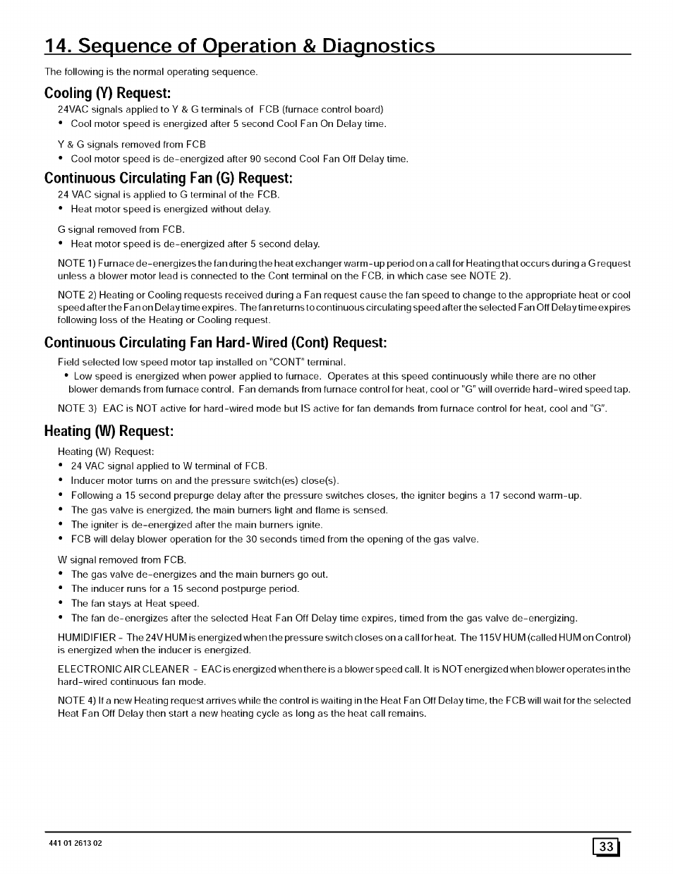 Sequence of operation & diagnostics, Cooling (y) request, Continuous circulating fan (g) request | Heating (w) request | Sears N8MPL050B12B1 User Manual | Page 33 / 56