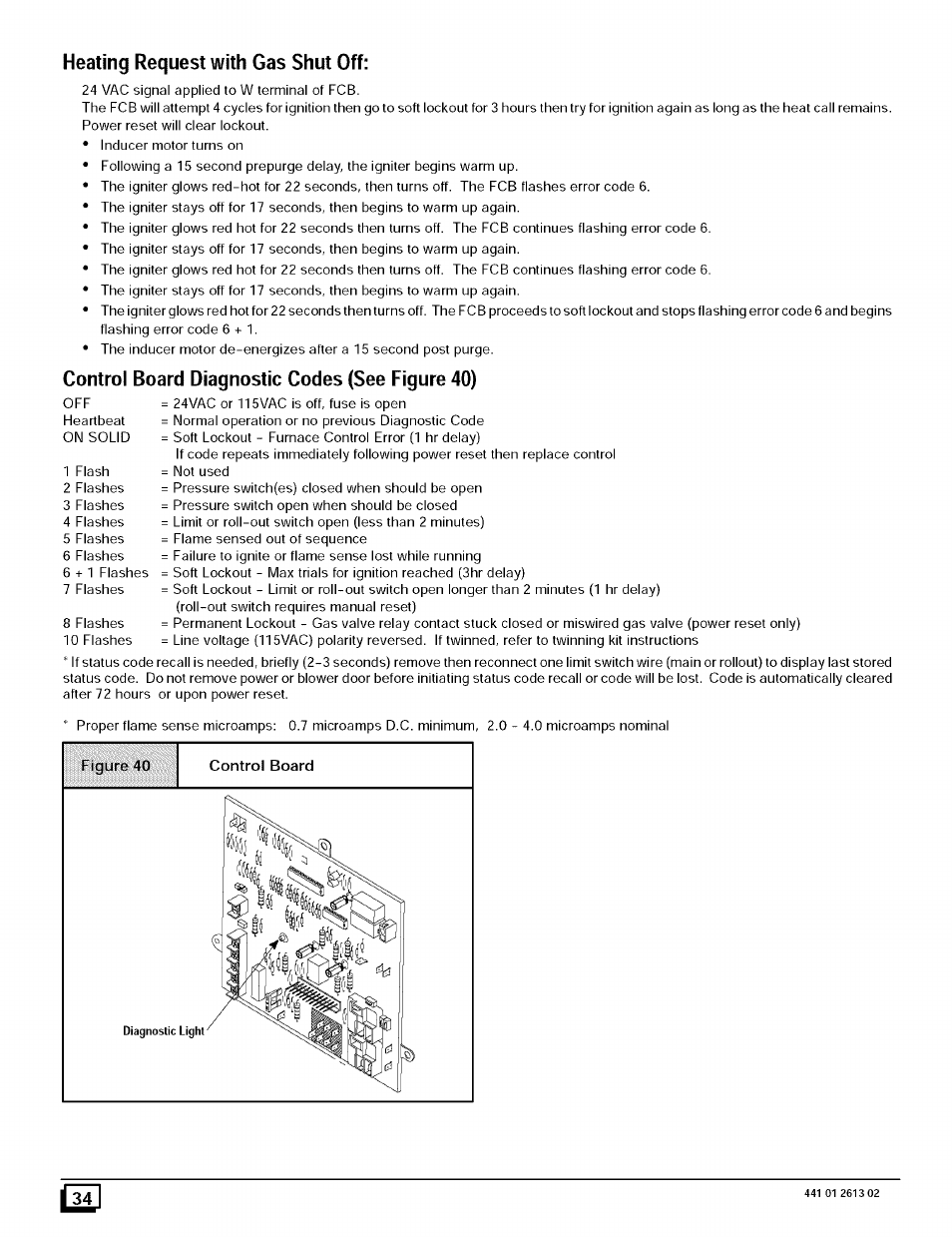 Heating request with gas shut off, Control board diagnostic codes (see figure 40) | Sears N8MPL050B12B1 User Manual | Page 34 / 56