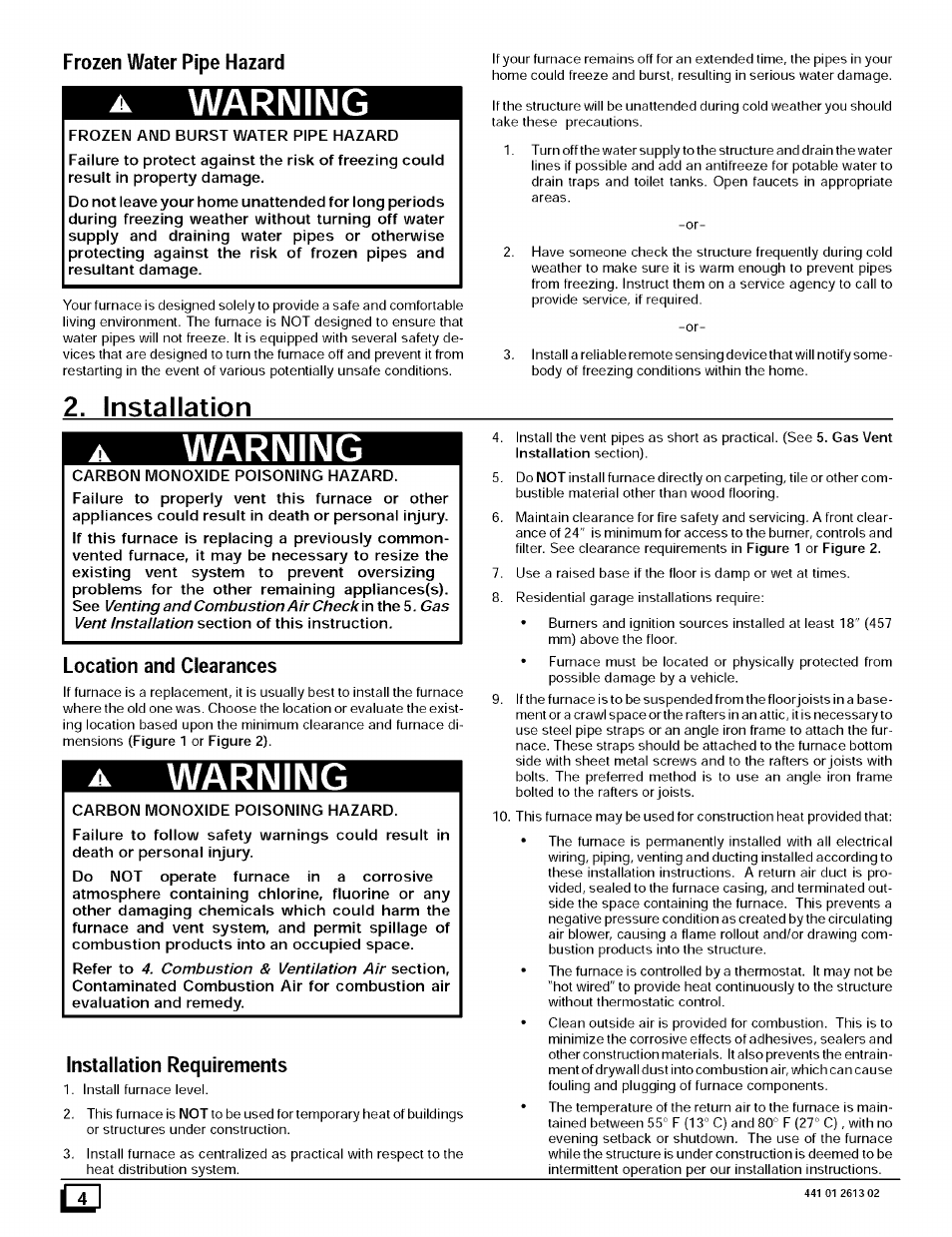 Frozen water pipe hazard, Warning, Installation | Location and clearances, A warning, Installation requirements | Sears N8MPL050B12B1 User Manual | Page 4 / 56