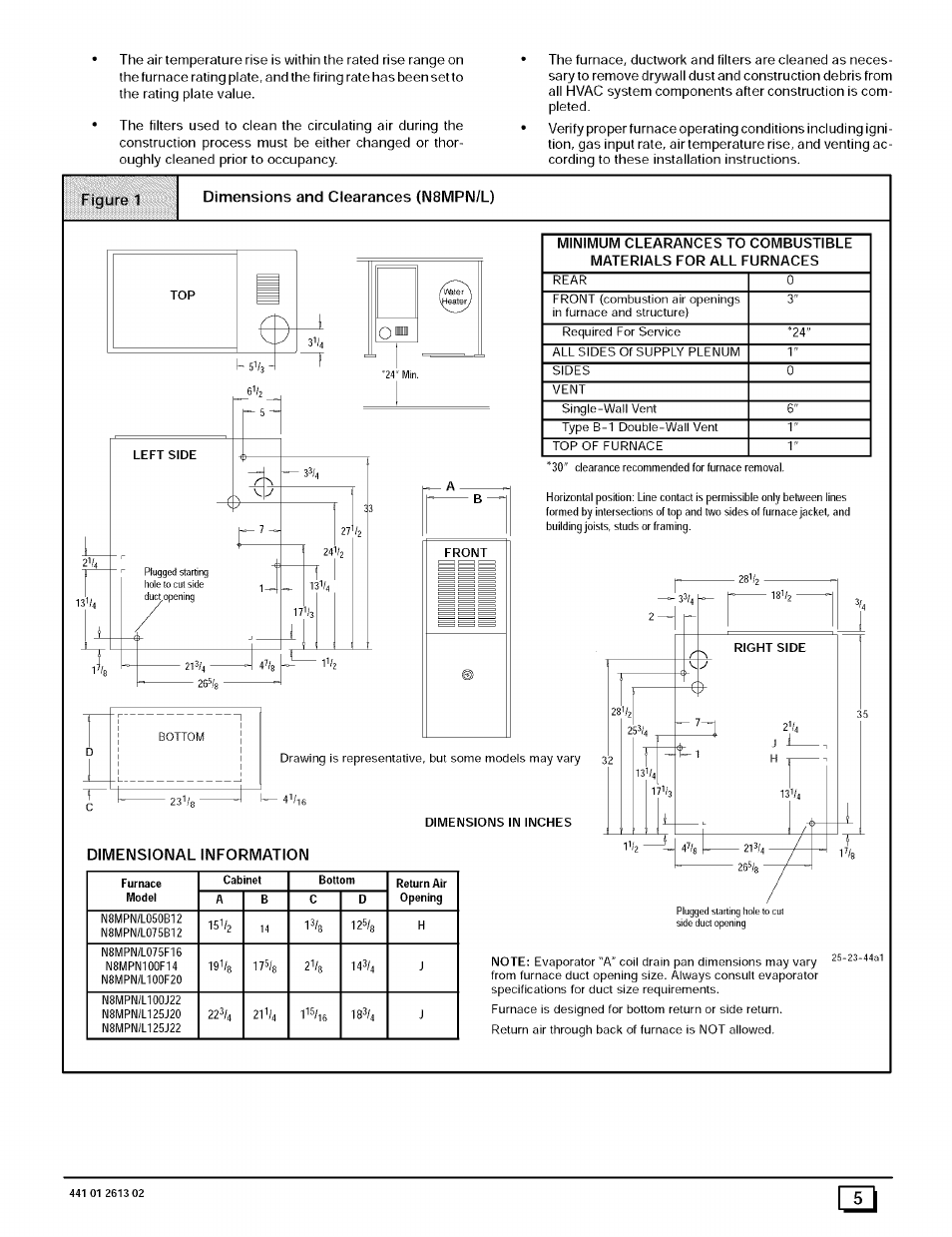 Figure 1 dimensions and ciearances (n8mpn/l), Dimensional information | Sears N8MPL050B12B1 User Manual | Page 5 / 56