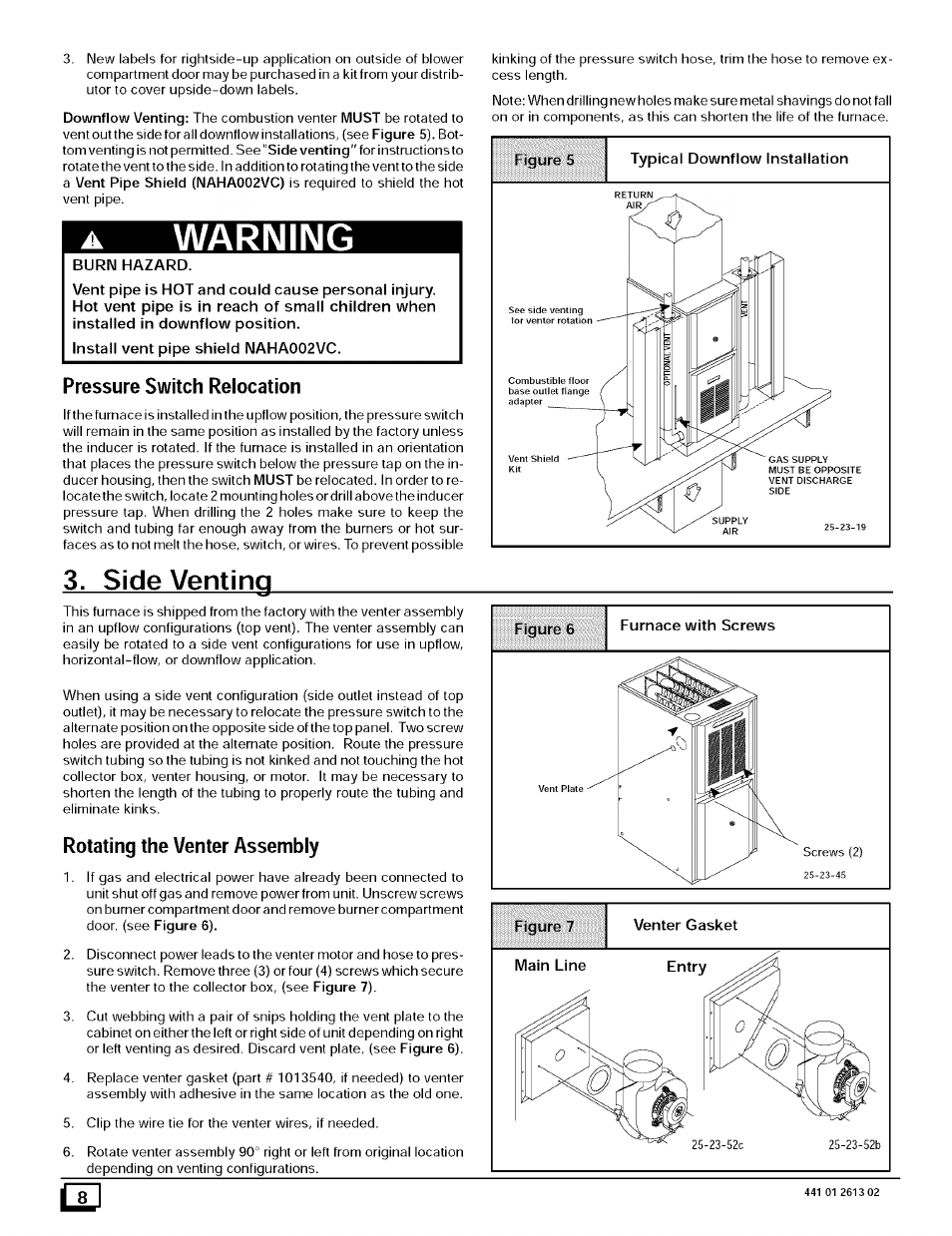 Warning, Pressure switch relocation, Rotating the venter assembly | Side venting | Sears N8MPL050B12B1 User Manual | Page 8 / 56