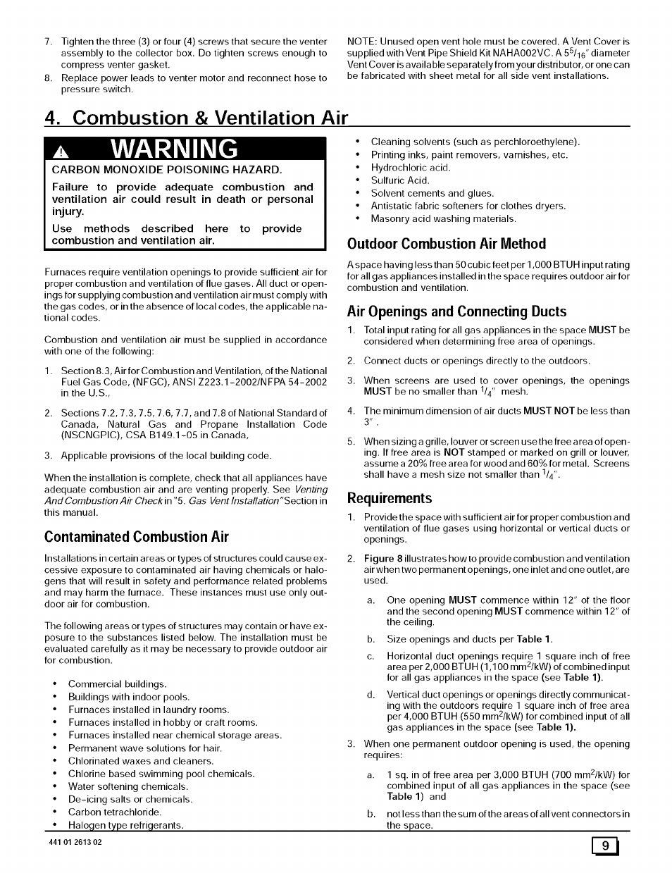 Combustion & ventilation air, Warning, Contaminated combustion air | Outdoor combustion air method, Air openings and connecting ducts, Requirements | Sears N8MPL050B12B1 User Manual | Page 9 / 56