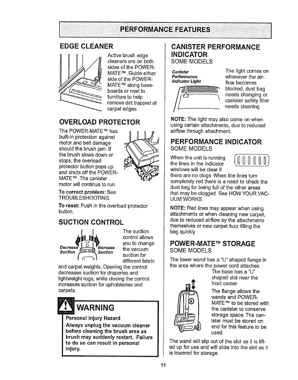 Performance features, Edge cleaner, Overload protector | Suction control, Warning, Canister performance indicator, Performance indicator, Power-mate"“ storage, Performance features edge cleaner | Sears CO1ZARD10UOO-4370537 User Manual | Page 11 / 36