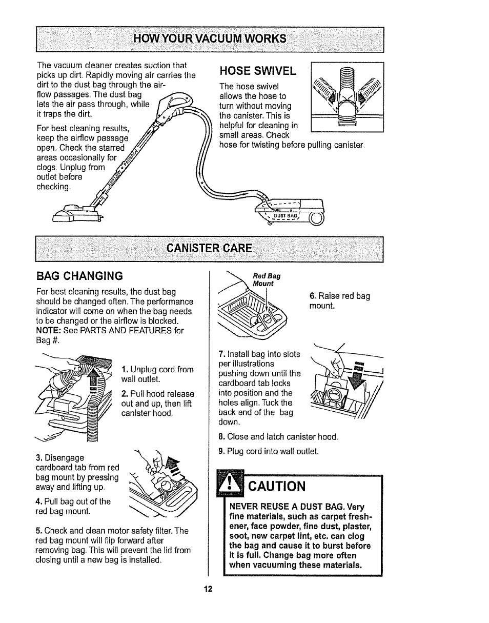 How your vacuum works, Hose swivel, Bag changing | Caution | Sears CO1ZARD10UOO-4370537 User Manual | Page 12 / 36