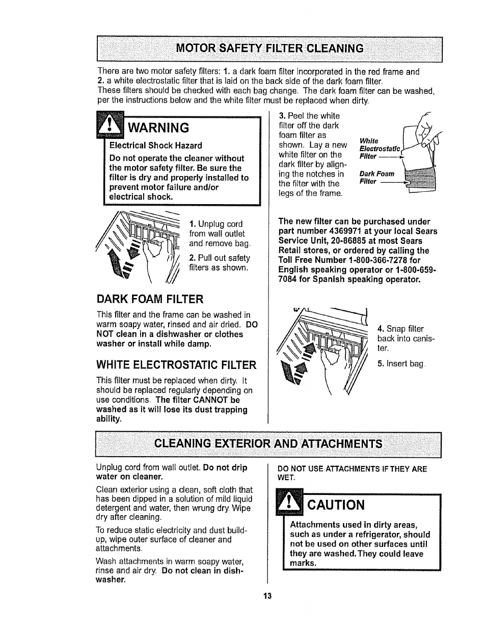 Motor safety filter cleaning, Warning, Dark foam filter | White electrostatic filter, Cleaning exterior and attachments, Caution | Sears CO1ZARD10UOO-4370537 User Manual | Page 13 / 36