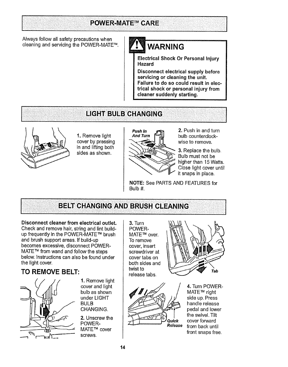 Power-mate™ care, Belt changing and brush cleaning, To remove belt | Power-mate, Care, Warning | Sears CO1ZARD10UOO-4370537 User Manual | Page 14 / 36