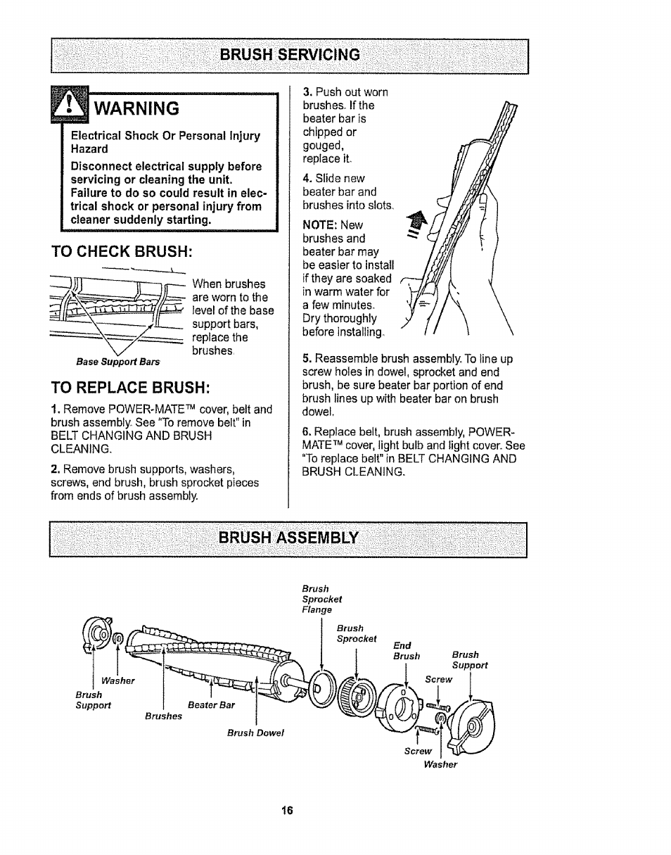 Warning, To check brush, Replace brush | Brush assembly | Sears CO1ZARD10UOO-4370537 User Manual | Page 16 / 36