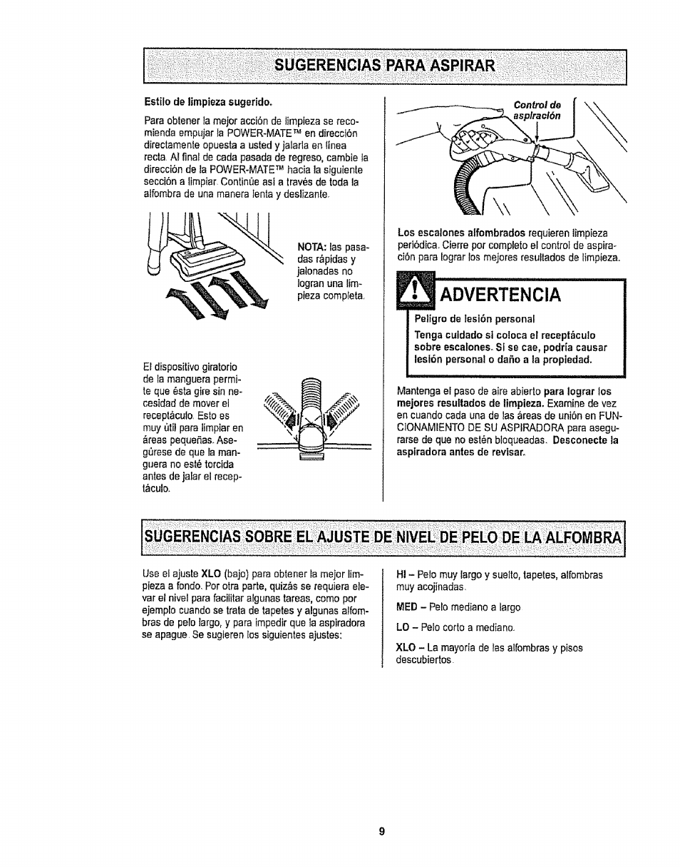 Sugerencias para aspirar, Advertencia | Sears CO1ZARD10UOO-4370537 User Manual | Page 27 / 36