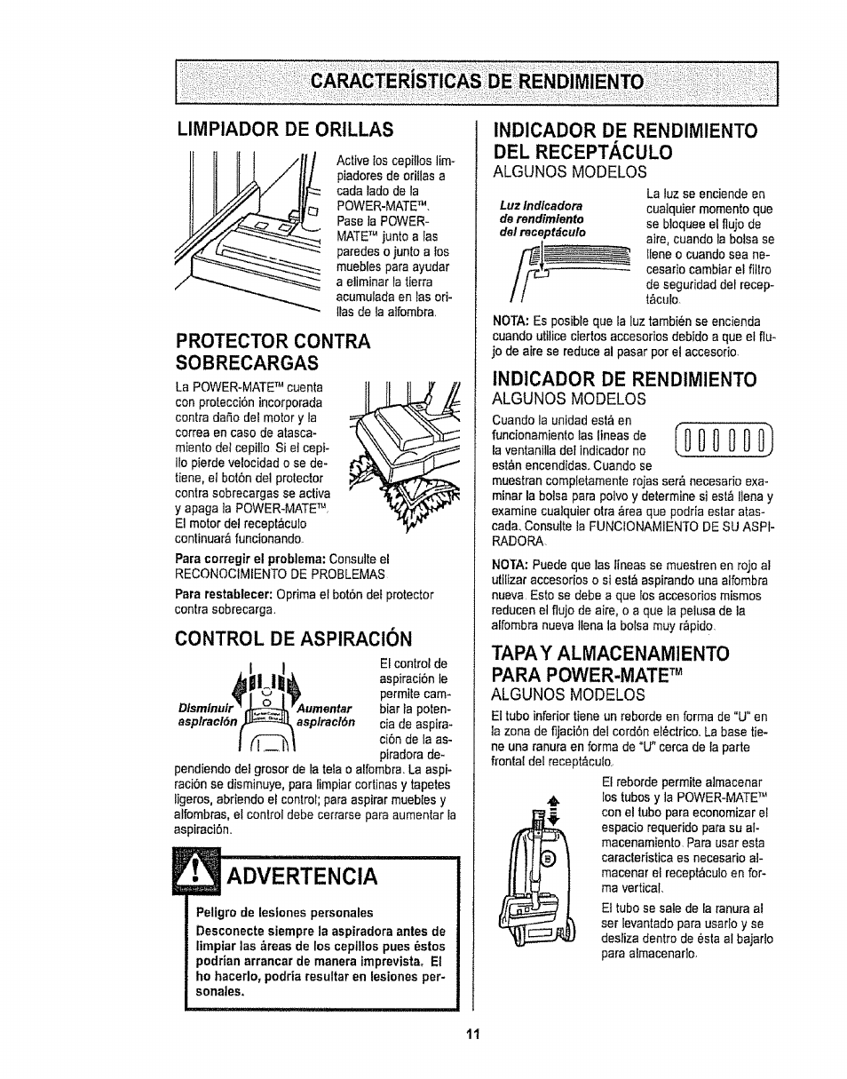 Caracteristicas de rendimiento, Limpiador de orillas, Protector contra sobrecargas | Control de aspiración, Advertencia, Indicador de rendimiento, Taray almacenamiento | Sears CO1ZARD10UOO-4370537 User Manual | Page 29 / 36