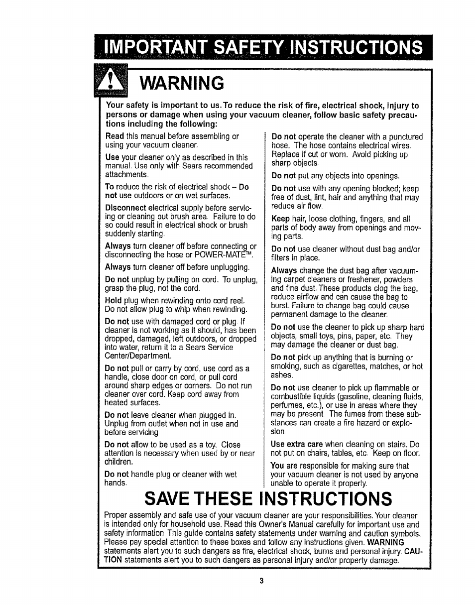 Warning, Save these instructions, I ivi l~ . 1 ' i ^ ' %v | P^i;::c, 1, 11^ v# -i ^mwr i i v|^ i ni | Sears CO1ZARD10UOO-4370537 User Manual | Page 3 / 36