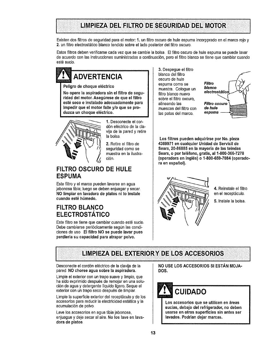 Advertencia, Filtro oscuro de hule espuma, Filtro blanco electrostático | Limpieza del exterior y de los accesorios, Cuidado | Sears CO1ZARD10UOO-4370537 User Manual | Page 31 / 36