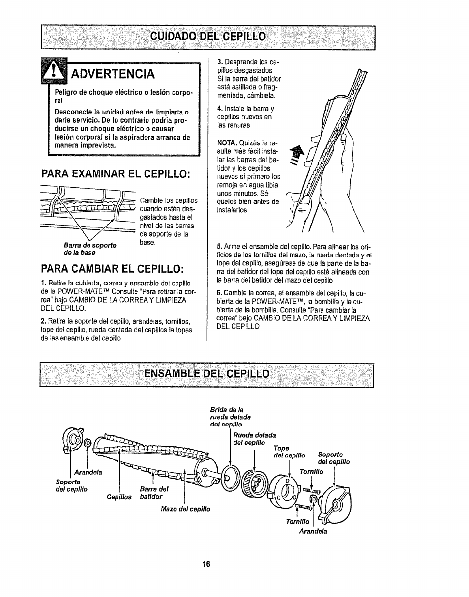 Advertencia, Para examinar el cepillo, Para cambiar el cepillo | Ensamble del cepillo | Sears CO1ZARD10UOO-4370537 User Manual | Page 34 / 36