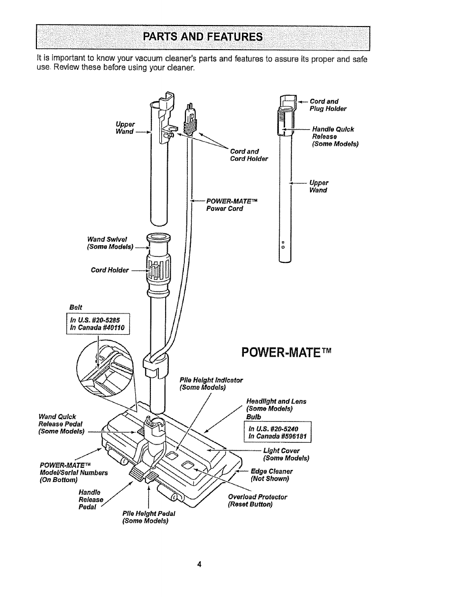 Parts and features, Parts and features -5, Power-mate | Sears CO1ZARD10UOO-4370537 User Manual | Page 4 / 36