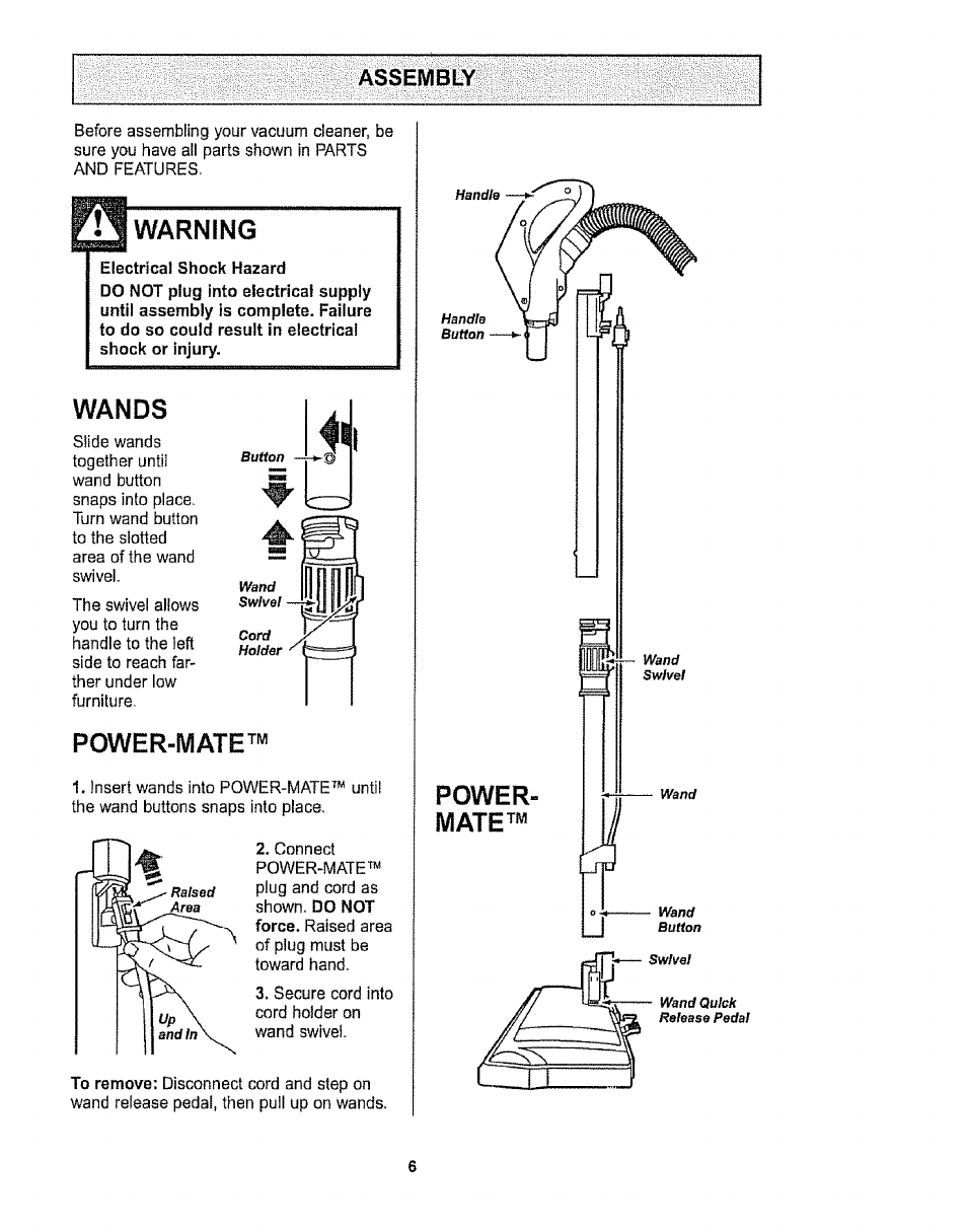 Assembly, Warning, Wands | Power-mate | Sears CO1ZARD10UOO-4370537 User Manual | Page 6 / 36