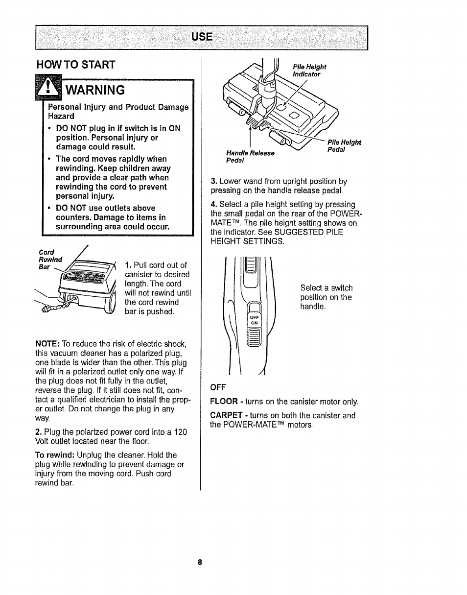 Howto start, Warning, Use howto start | Sears CO1ZARD10UOO-4370537 User Manual | Page 8 / 36