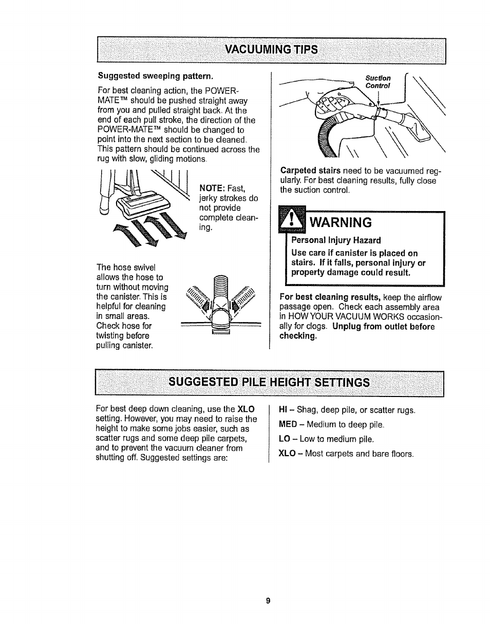 Vacuuming tips, Suggested pile height settings | Sears CO1ZARD10UOO-4370537 User Manual | Page 9 / 36