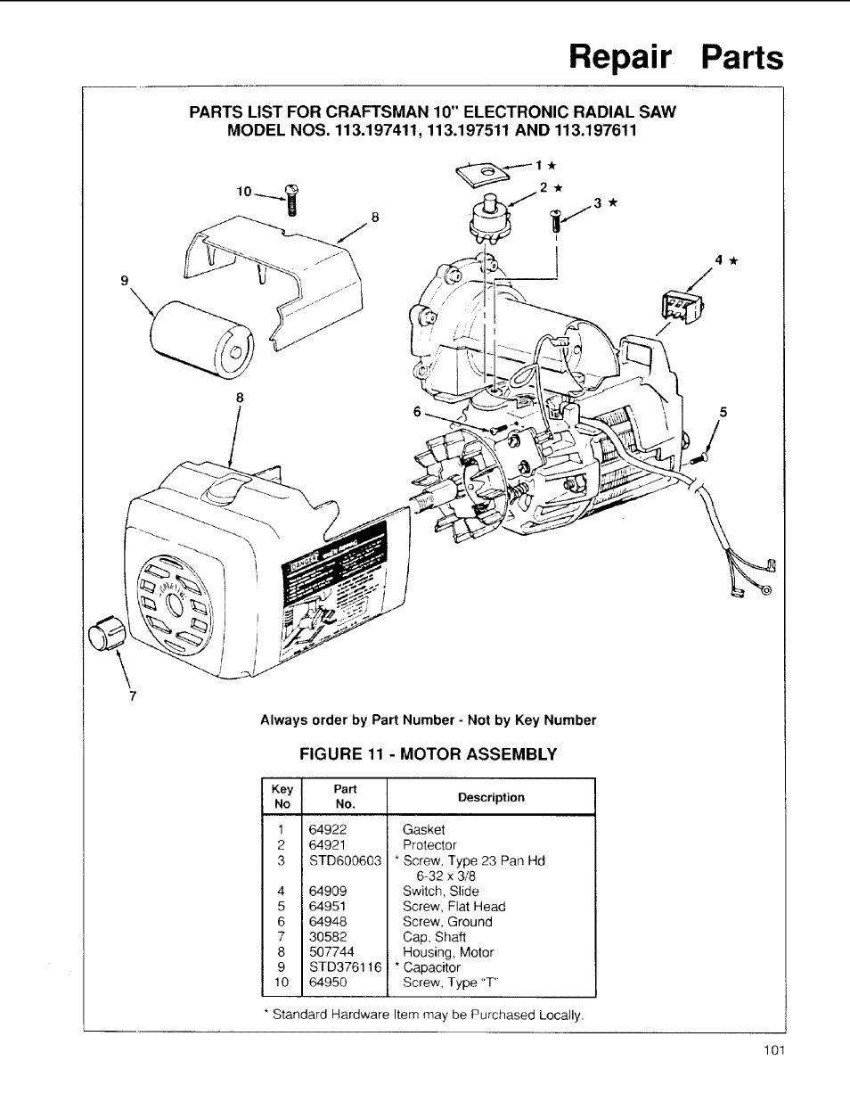 Figure 11 - motor assembly, Repair parts | Sears 113.197611 User Manual | Page 101 / 104