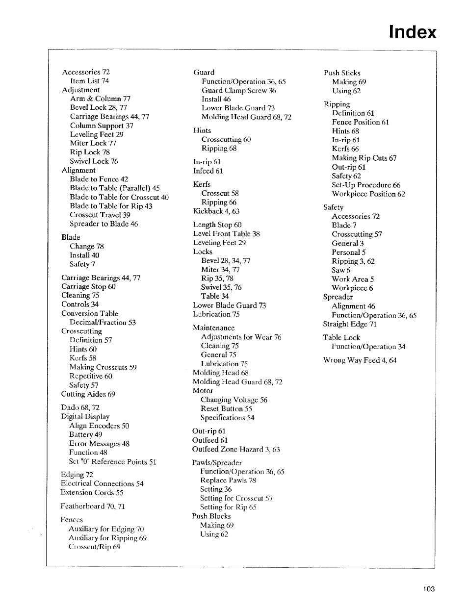 Index | Sears 113.197611 User Manual | Page 103 / 104