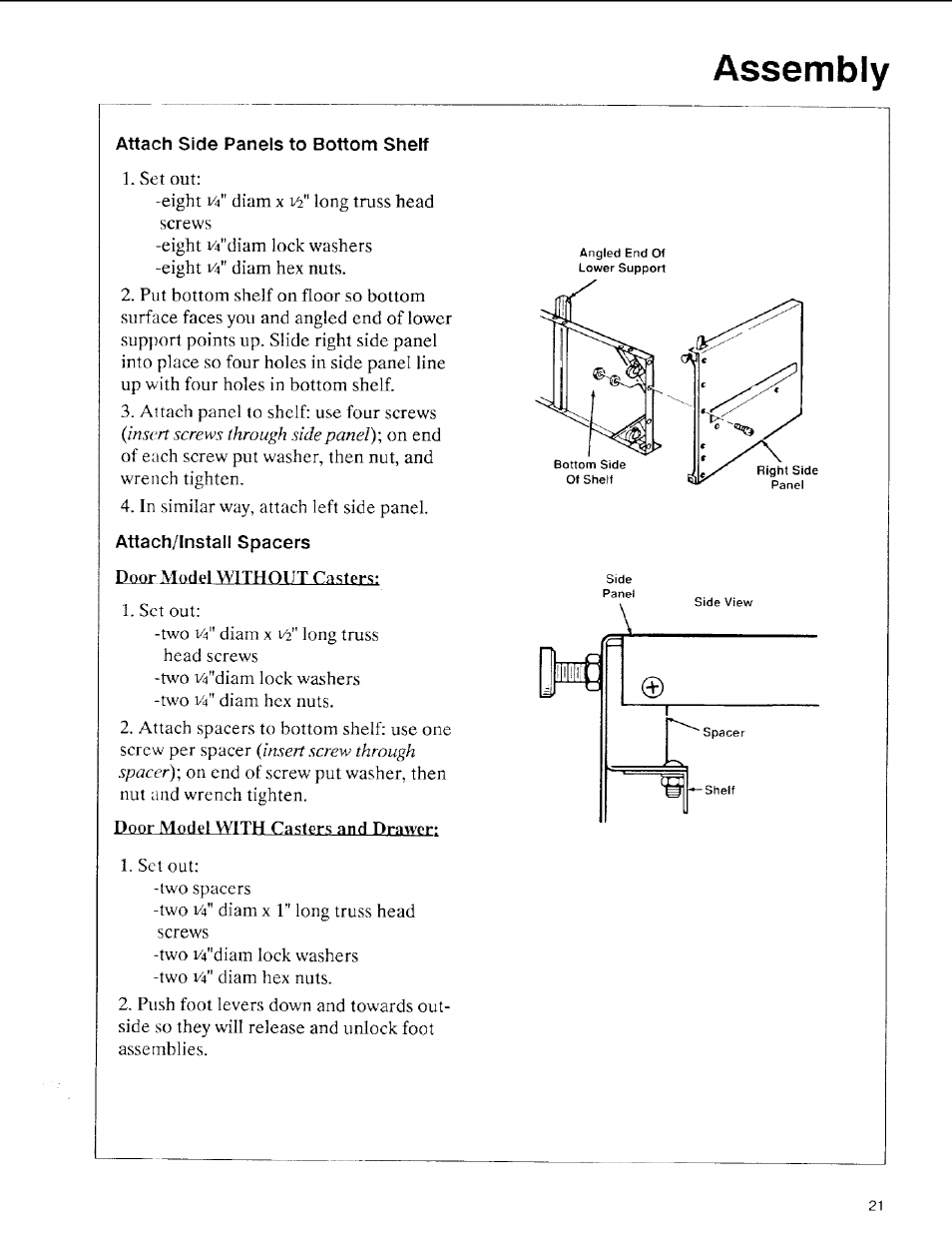 Attach side panels to bottom shelf, Attach/lnstall spacers, Assembly | Sears 113.197611 User Manual | Page 21 / 104