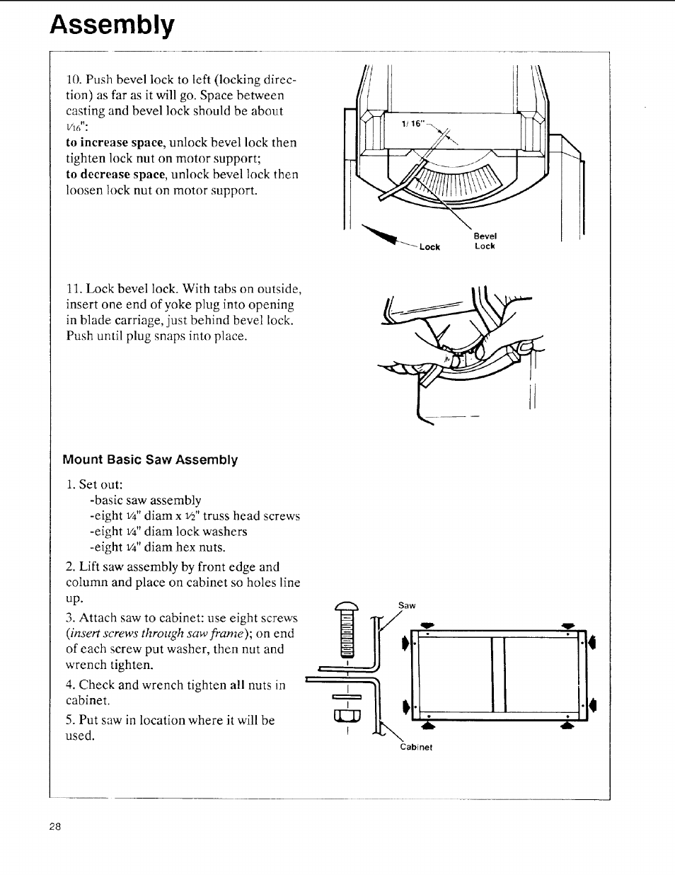 Mount basic saw assembly, Assembly | Sears 113.197611 User Manual | Page 28 / 104