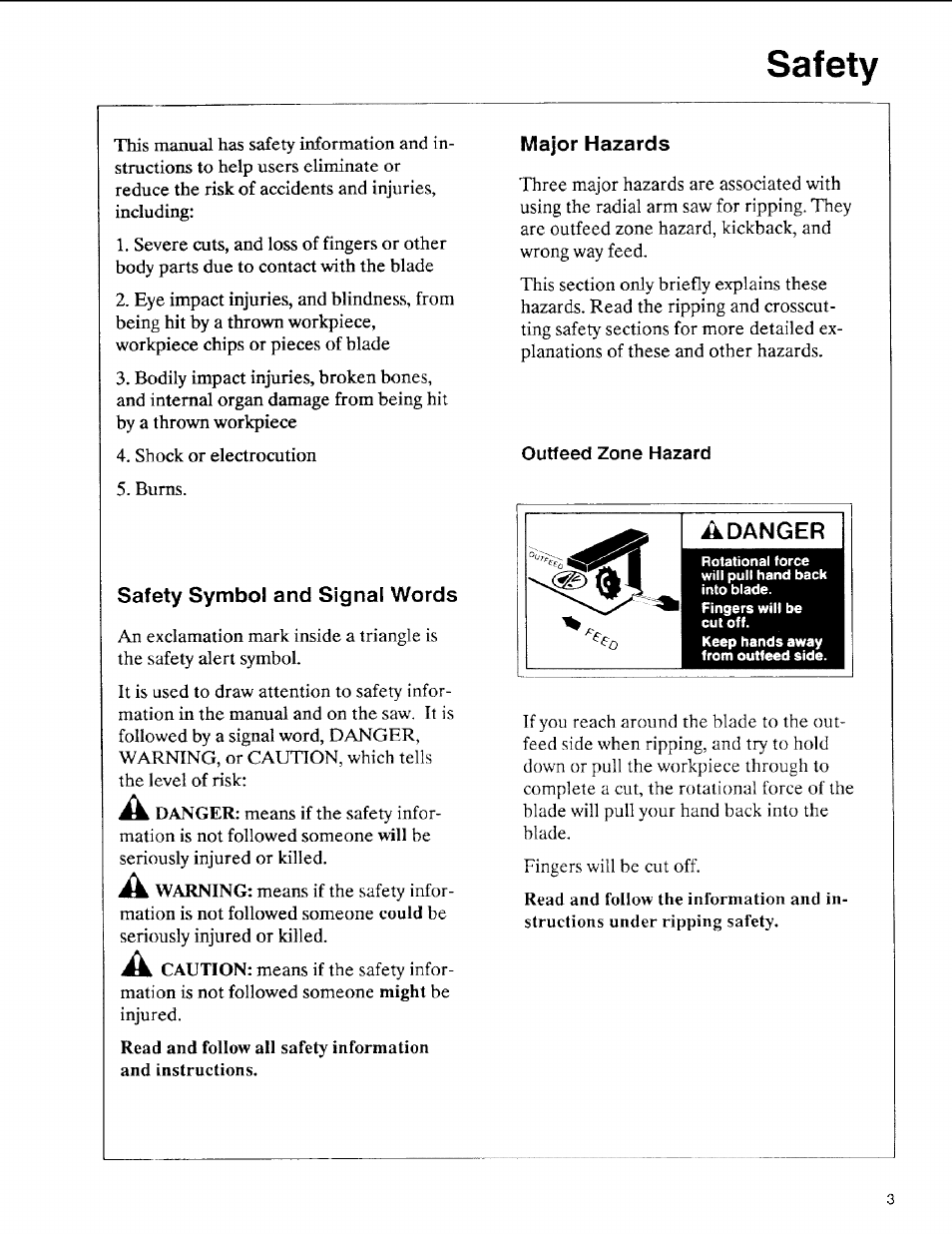 Safety symbol and signal words, Major hazards, Outfeed zone hazard | Safety | Sears 113.197611 User Manual | Page 3 / 104