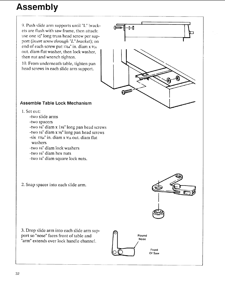 Assemble table lock mechanism, Assembly | Sears 113.197611 User Manual | Page 32 / 104