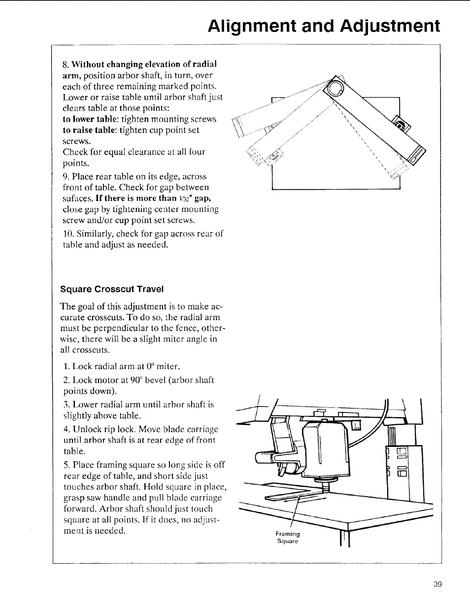 Square crosscut travel, Alignment and adjustment | Sears 113.197611 User Manual | Page 39 / 104