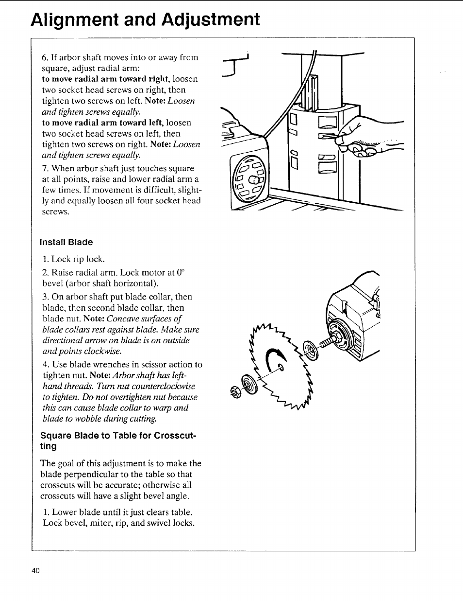 Install blade, Alignment and adjustment | Sears 113.197611 User Manual | Page 40 / 104