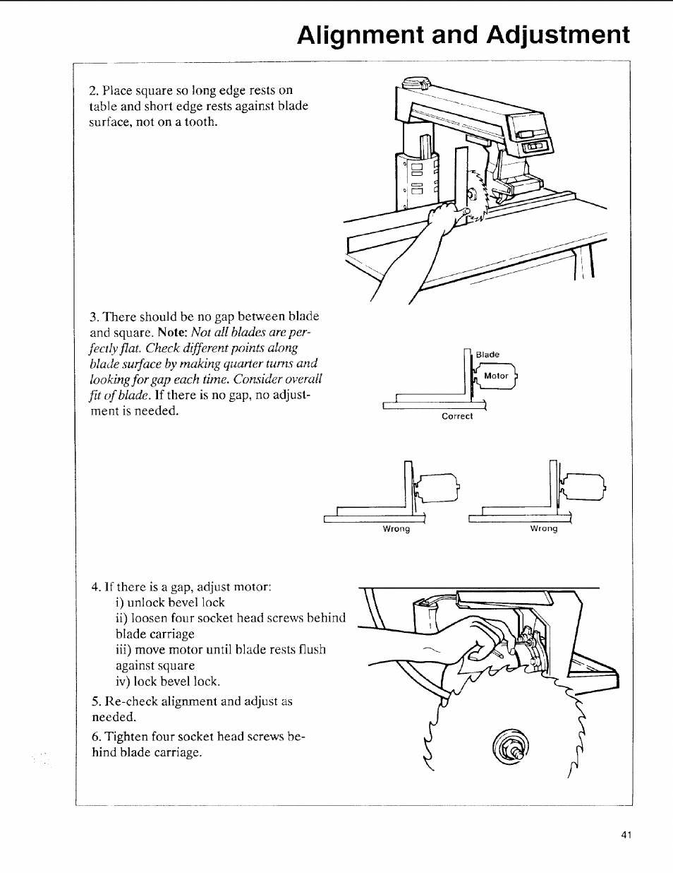 Alignment and adjustment | Sears 113.197611 User Manual | Page 41 / 104