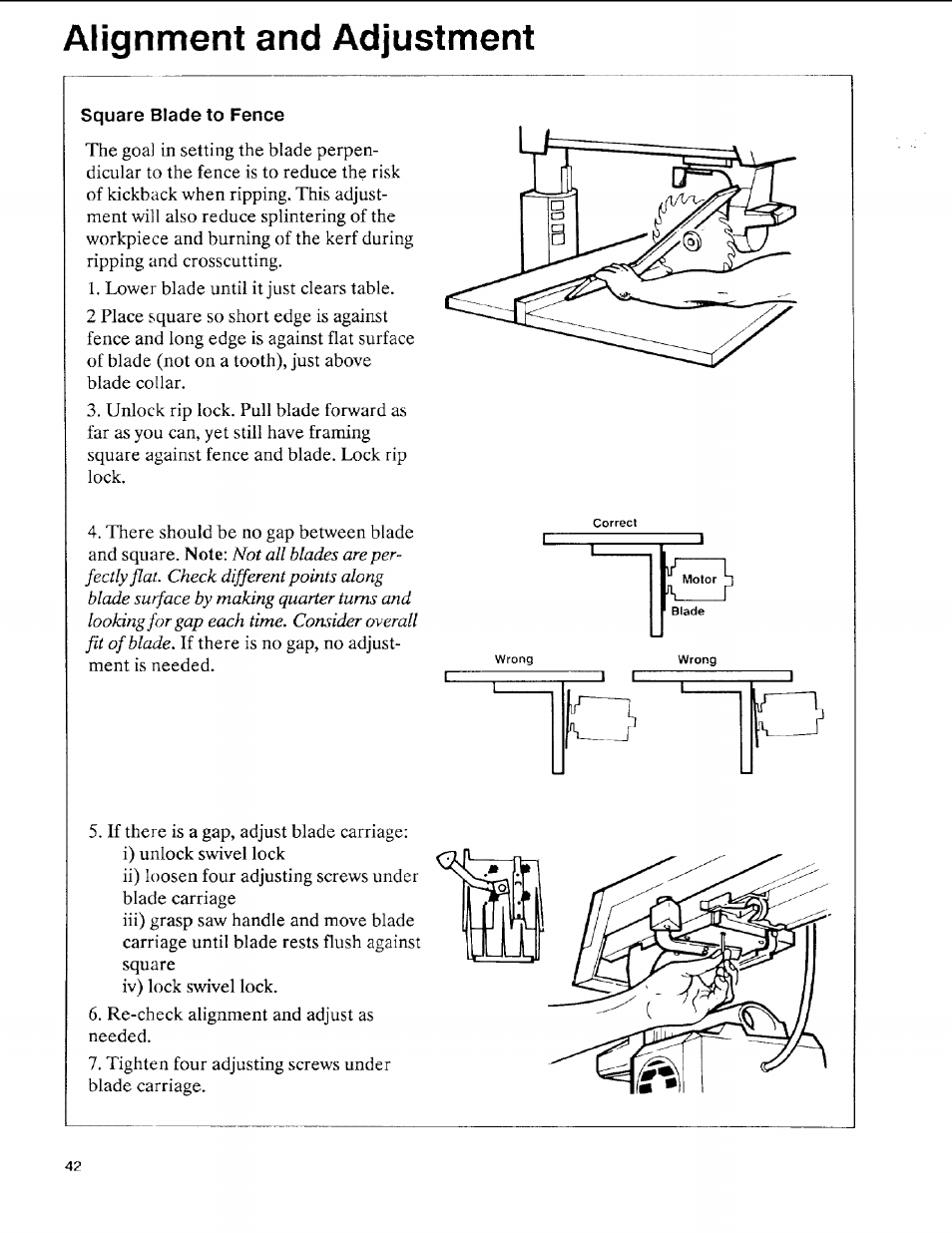 Square blade to fence, Alignment and adjustment | Sears 113.197611 User Manual | Page 42 / 104