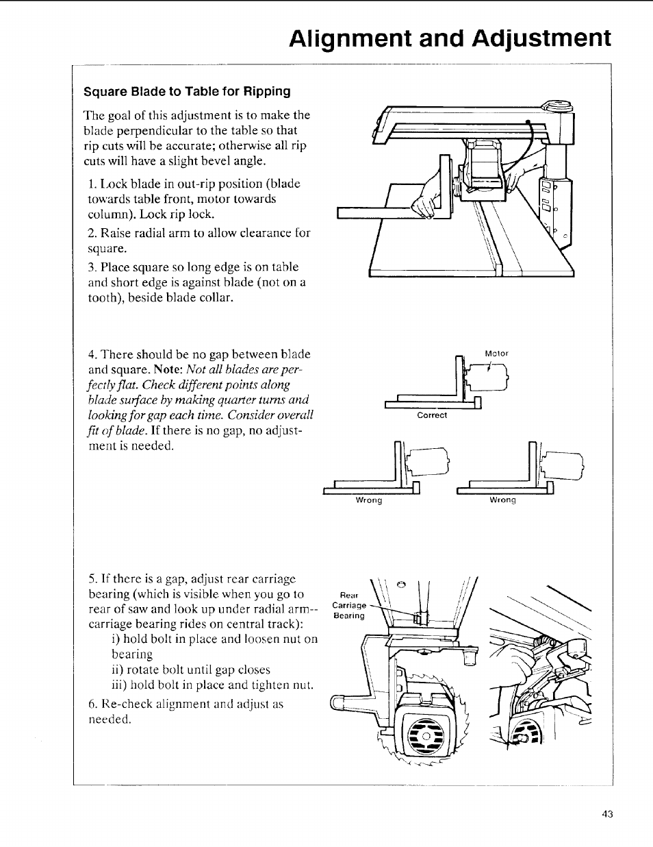 Square blade to table for ripping, Alignment and adjustment | Sears 113.197611 User Manual | Page 43 / 104