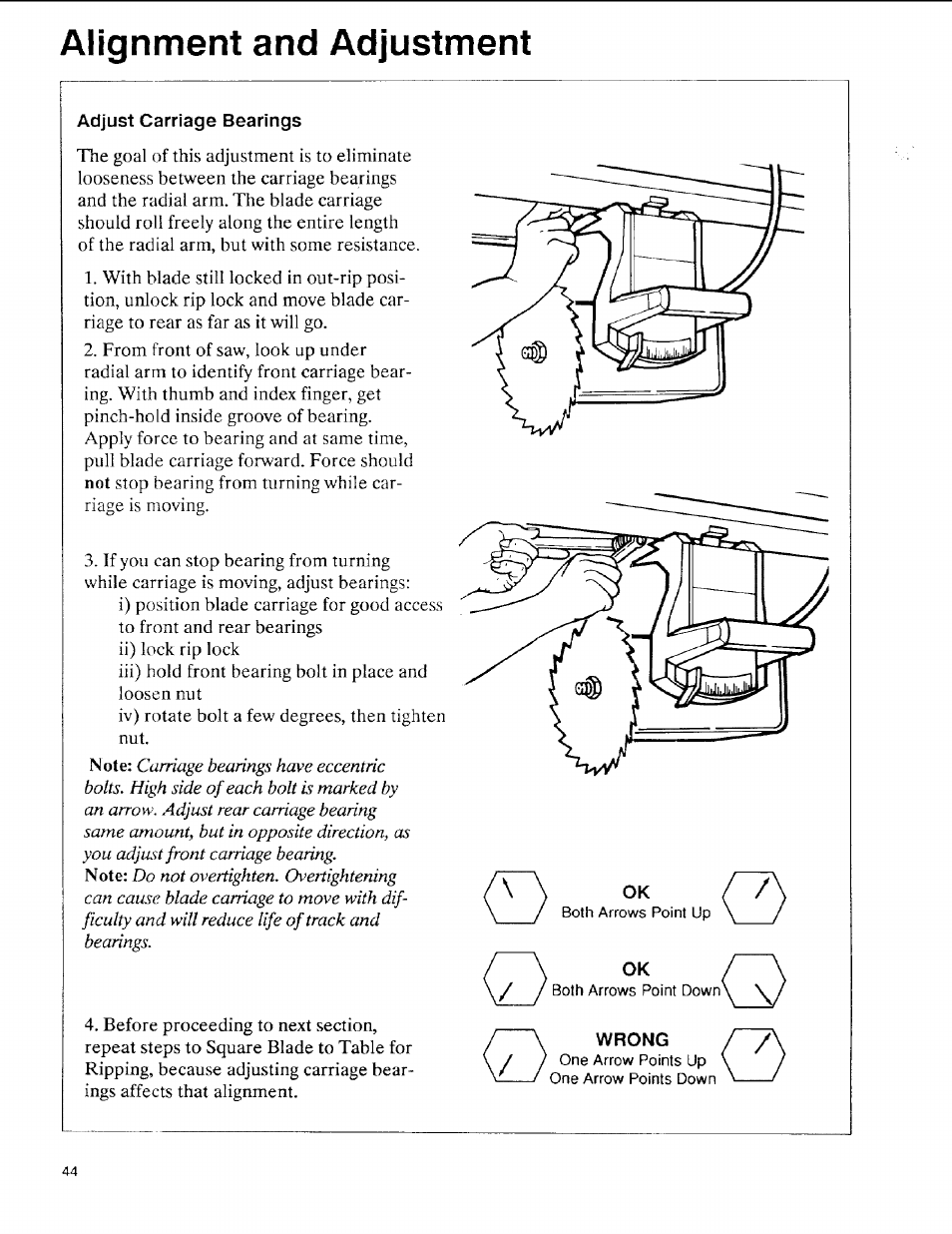 Adjust carriage bearings, Miiqnrngni anci mujuslitieni | Sears 113.197611 User Manual | Page 44 / 104
