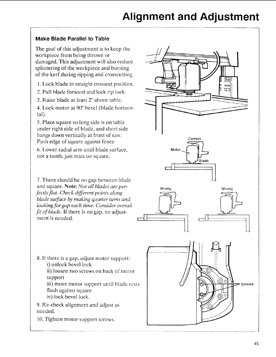 Make blade parallel to table, Alignment and adjustment | Sears 113.197611 User Manual | Page 45 / 104