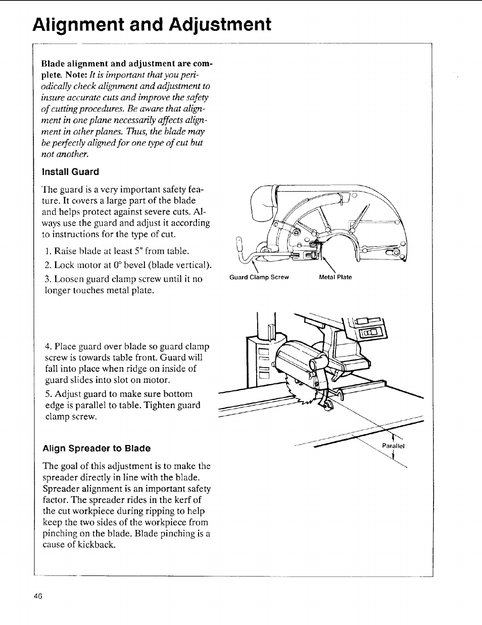 Install guard, Alignment and adjustment | Sears 113.197611 User Manual | Page 46 / 104