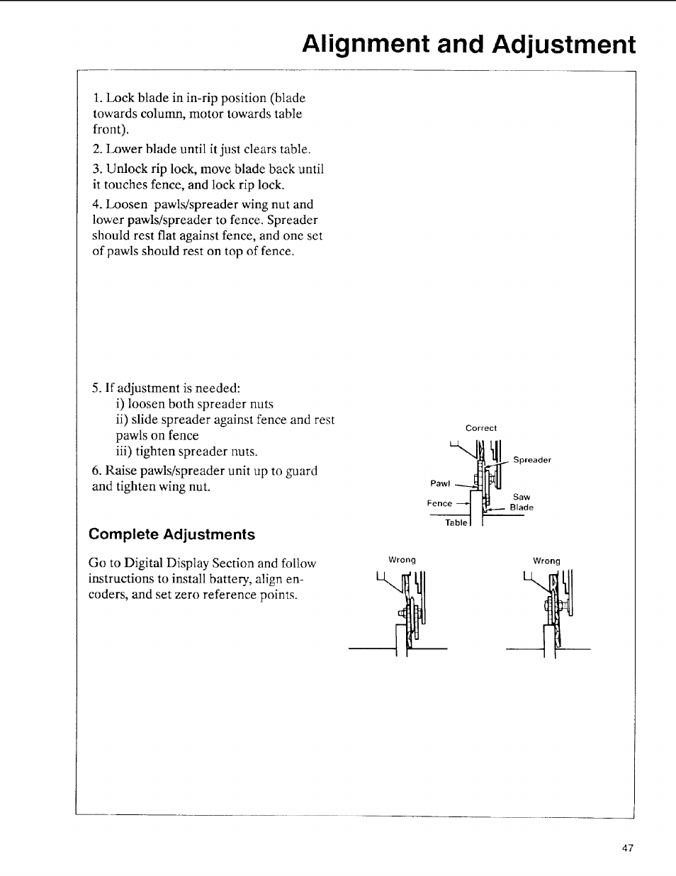Complete adjustments, Alignment and adjustment | Sears 113.197611 User Manual | Page 47 / 104