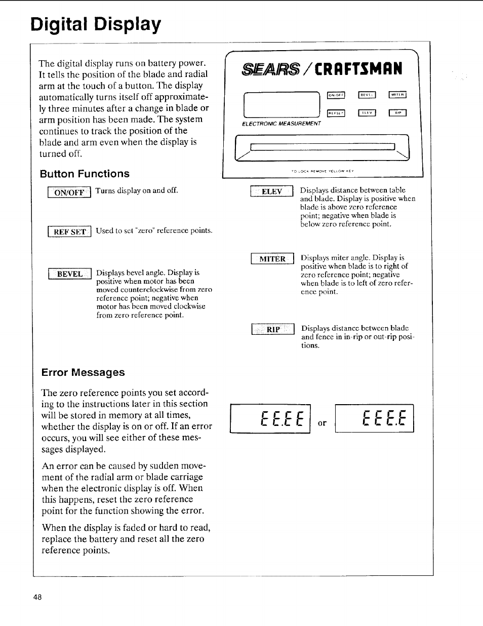 Button functions, Error messages, Digital display | Sears 113.197611 User Manual | Page 48 / 104