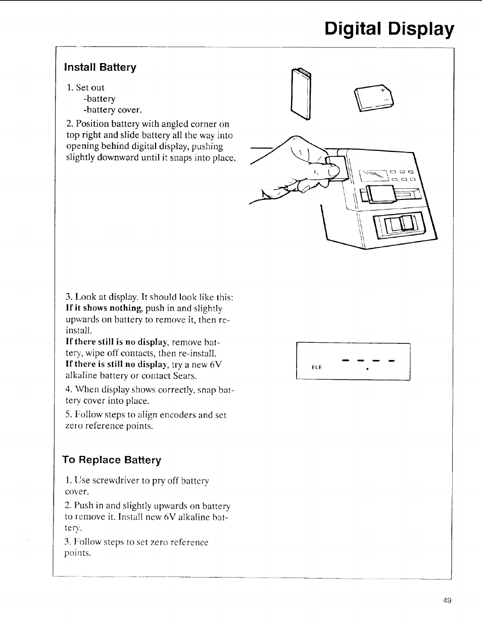 Install battery, To replace battery, Digital display | Sears 113.197611 User Manual | Page 49 / 104