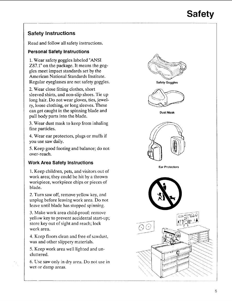 Safety instructions, Personal safety instructions, Work area safety instructions | Safety | Sears 113.197611 User Manual | Page 5 / 104