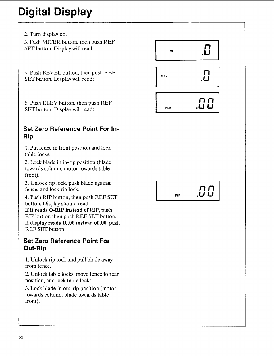Set zero reference point for inrip, Set zero reference point for out-rip, U n n | U u n n, Digital display | Sears 113.197611 User Manual | Page 52 / 104