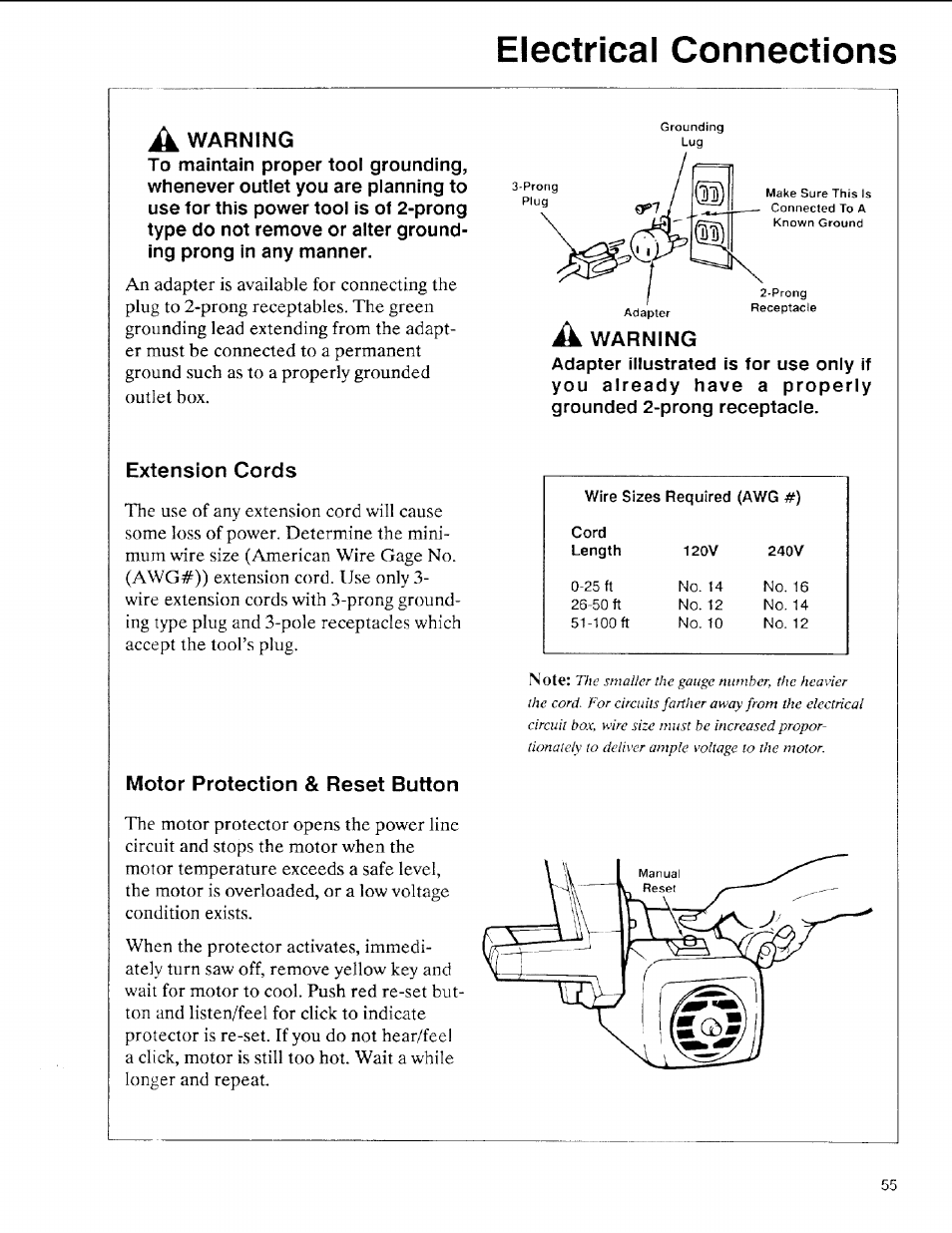 A warning, Extension cords, Motor protection & reset button | Electrical connections a | Sears 113.197611 User Manual | Page 55 / 104