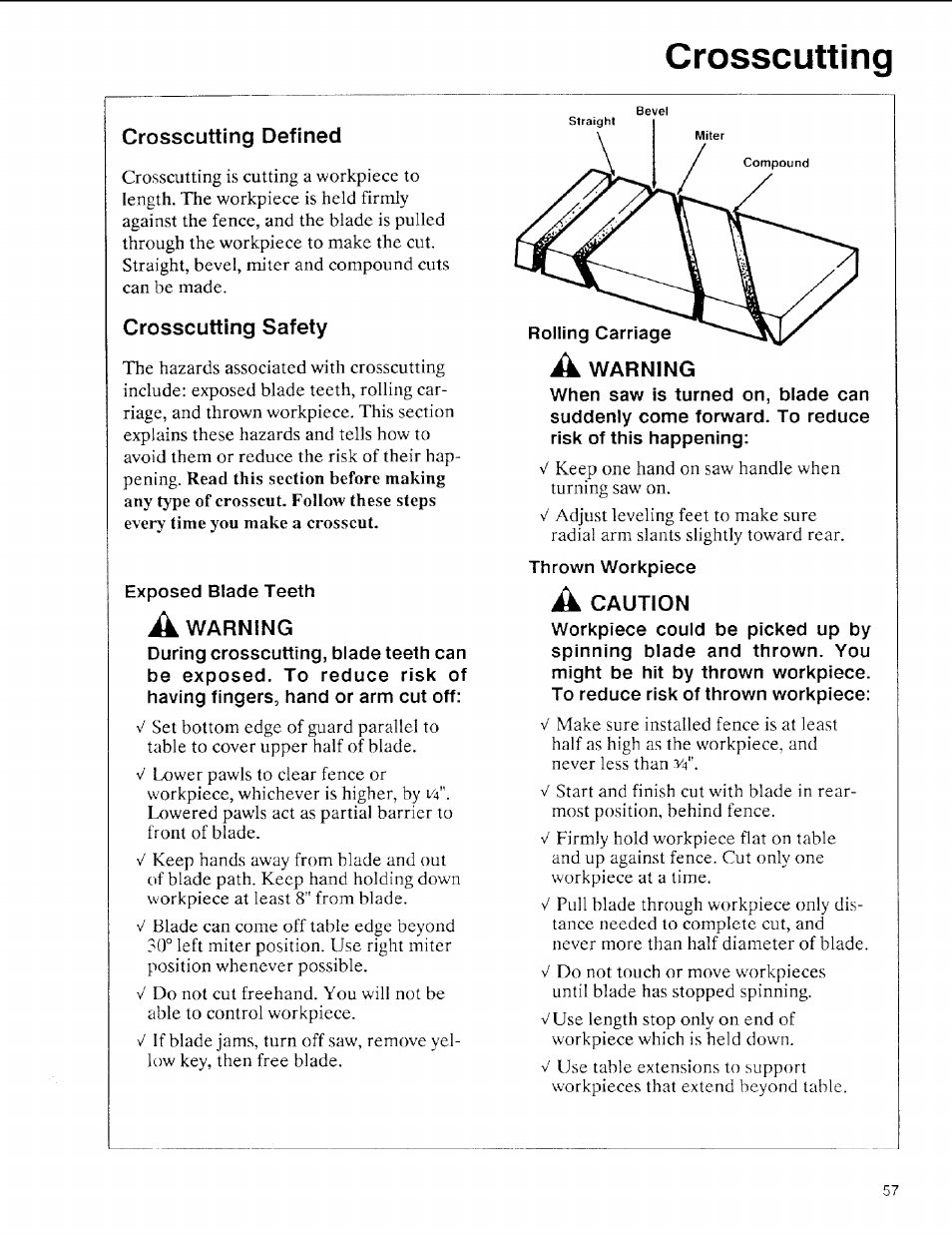 Wros3cultiriq, Crosscutting defined, Crosscutting safety | A warning, A caution | Sears 113.197611 User Manual | Page 57 / 104